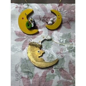 Vtg Wooden Cresesnt Moons Christmas Ornament Folk Art Hand Painted Santa Tree
